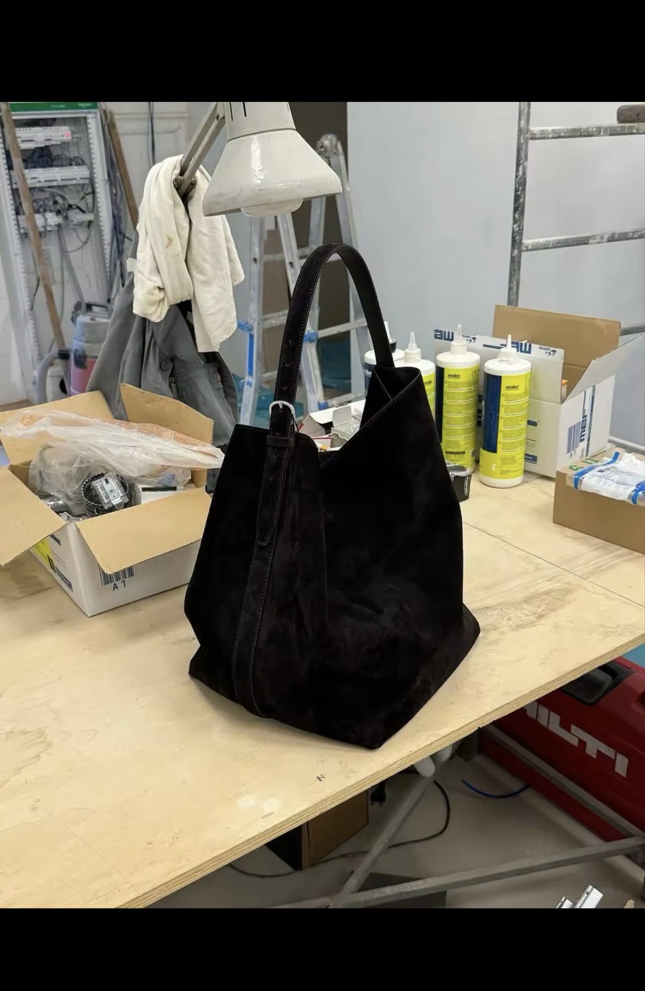 Large Black Genuine Suede Hobo Bag