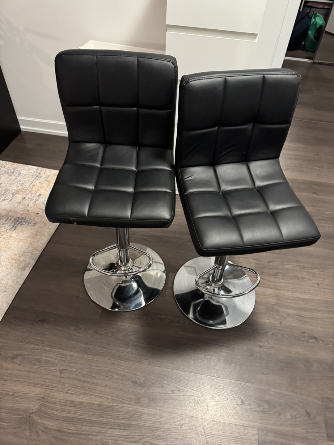 Pair of Black Leather Bar Stools
