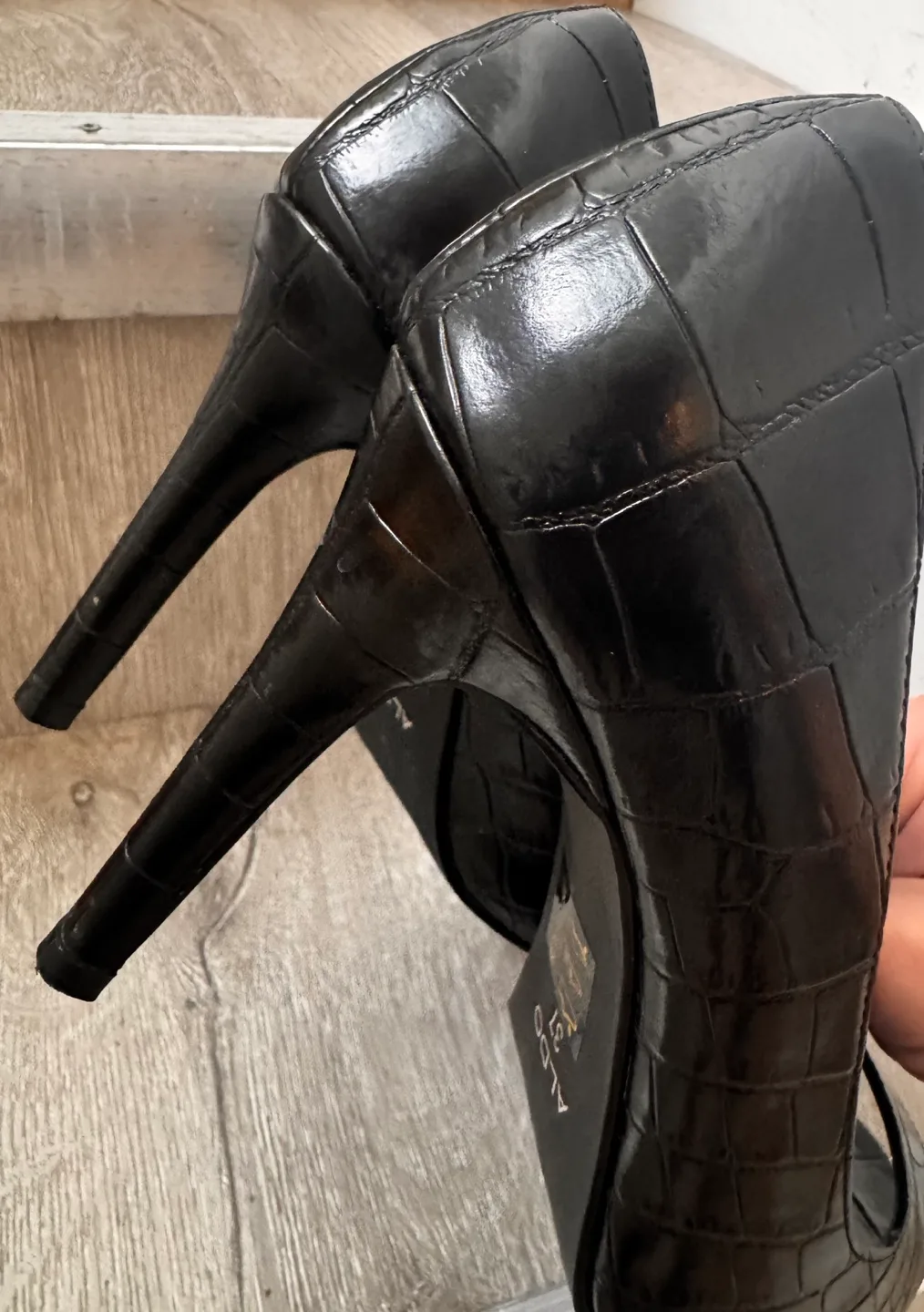 Aldo Black Crocodile-Embossed Peep-Toe Heels image indicator(2)