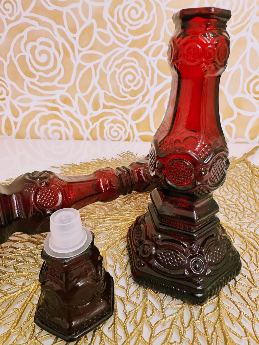 Vintage Avon Ruby Red Cape Cod 1876 Candlestick Bottles image indicator(2)