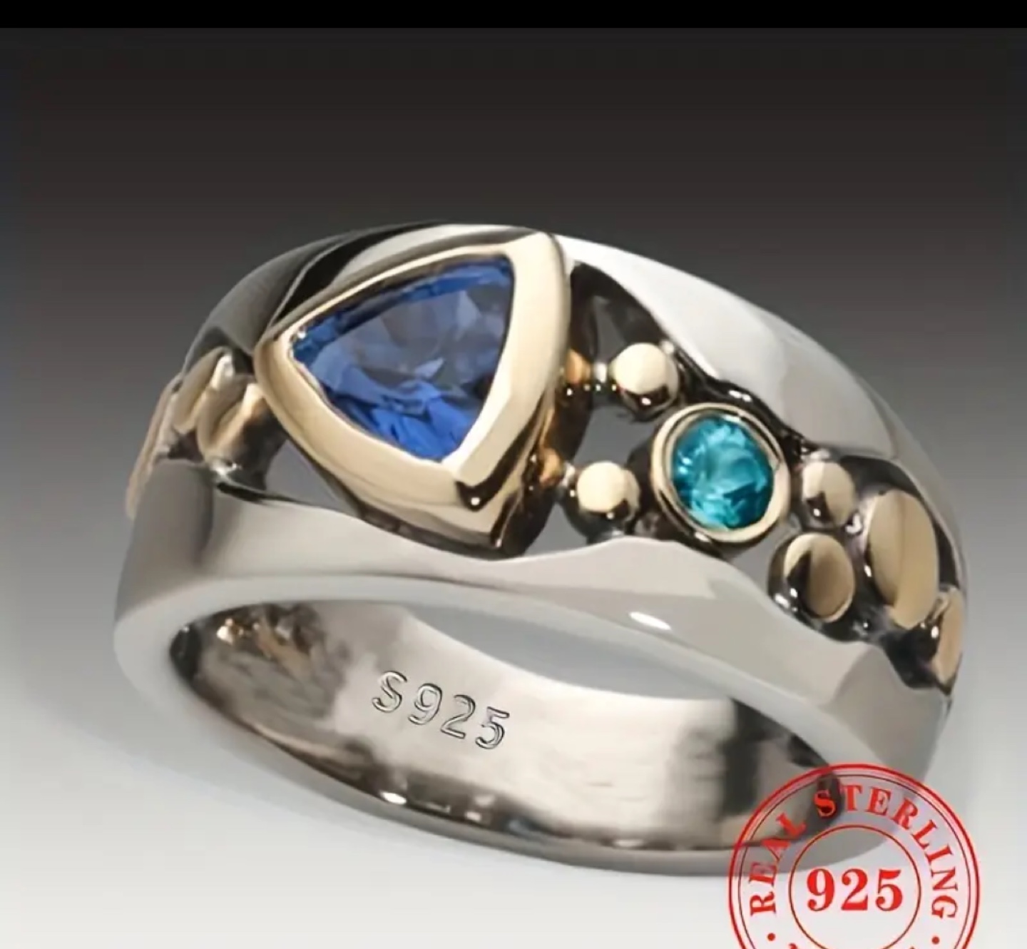 Unique Blue Gemstone Statement Ring, 925 Sterling Silver - photo 3