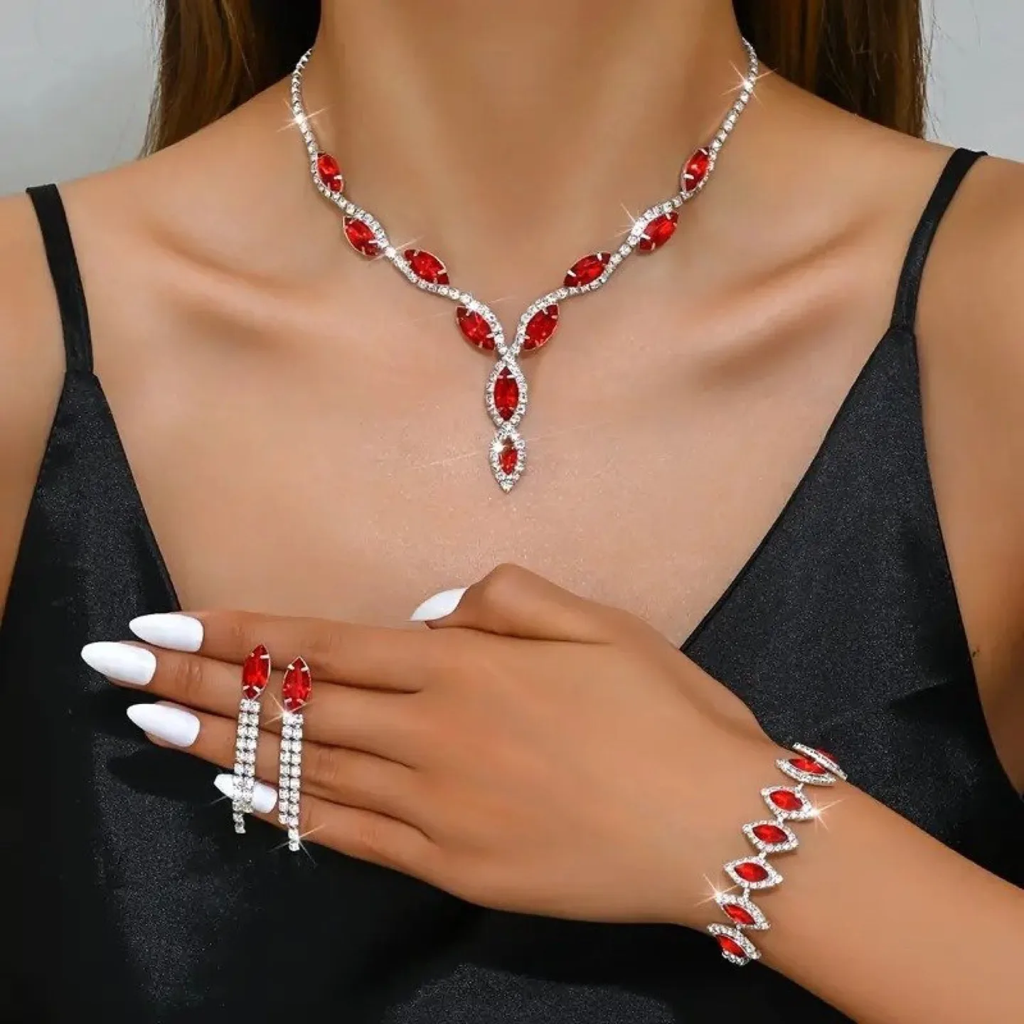 Red Crystal Jewellery Set - Necklace, Earrings, Bracelet image indicator(2)