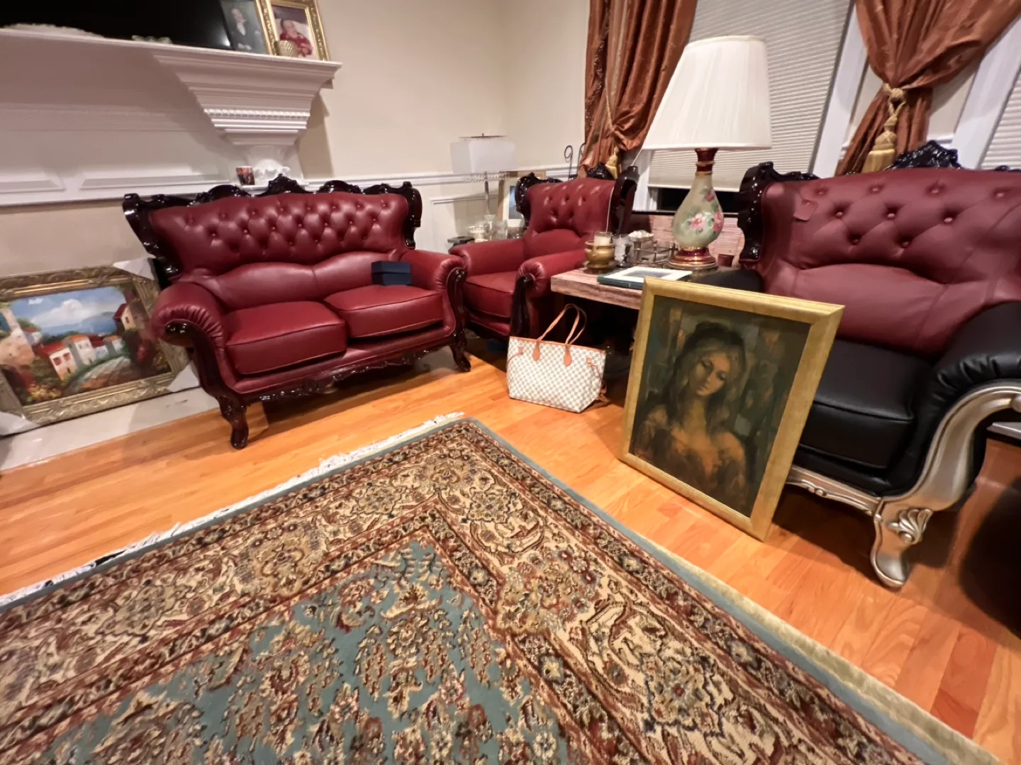 Ornate Framed Oil Painting &  of Reclining Leather Sofas image indicator(8)