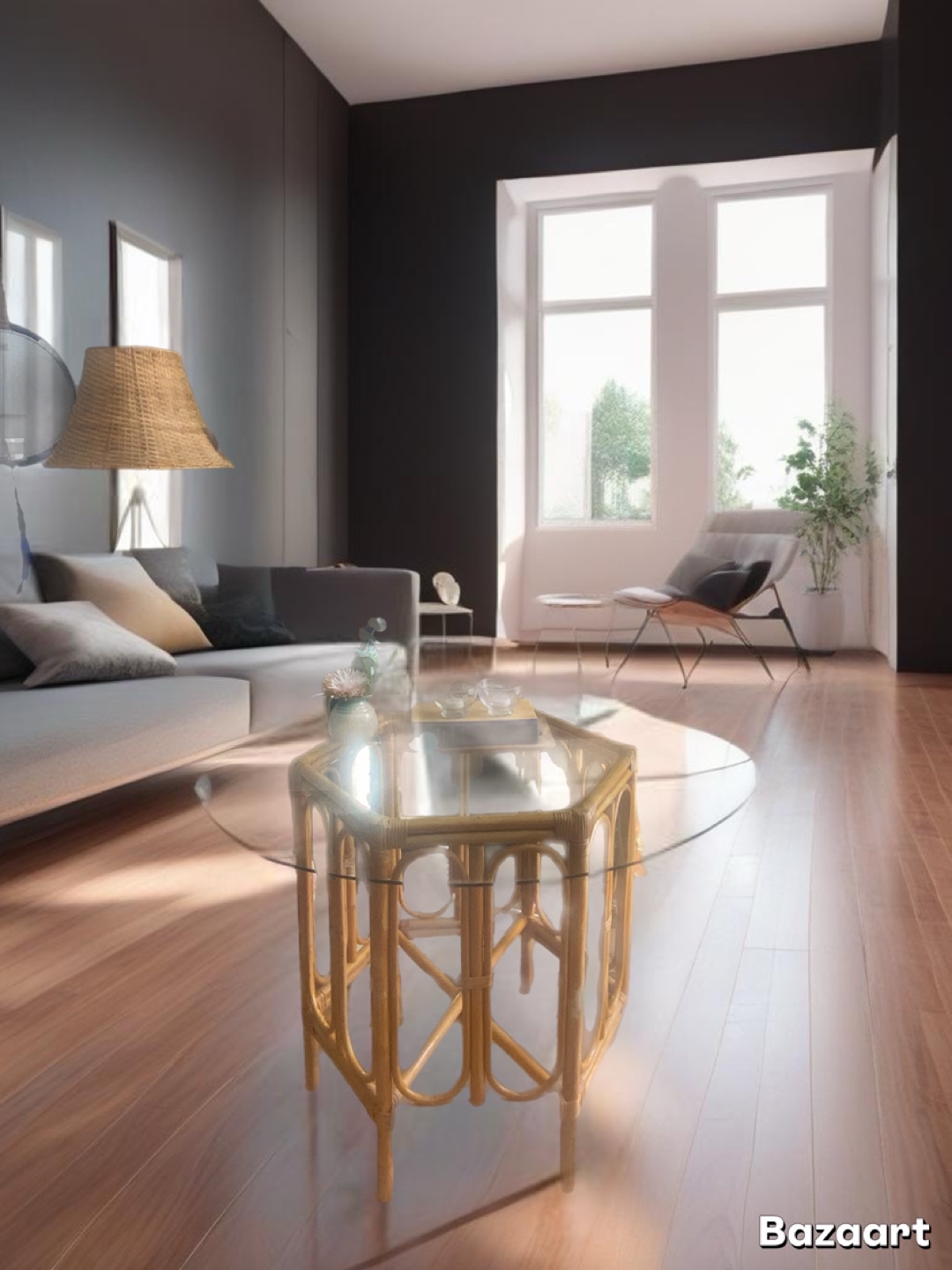 Mid-Century Modern Rattan Hexagon Coffee Table with Glass Top