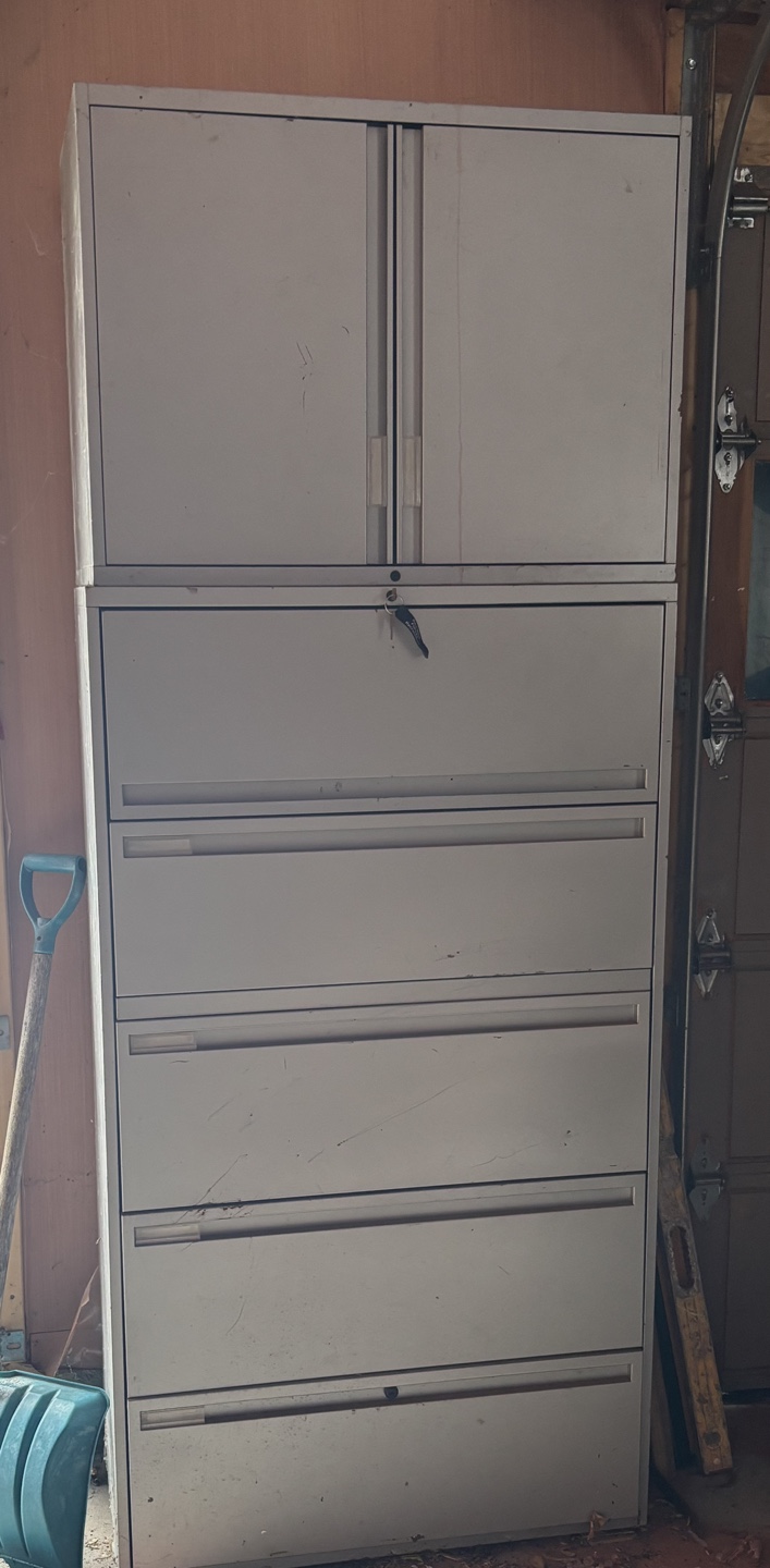 Metal filing cabinet with top storage