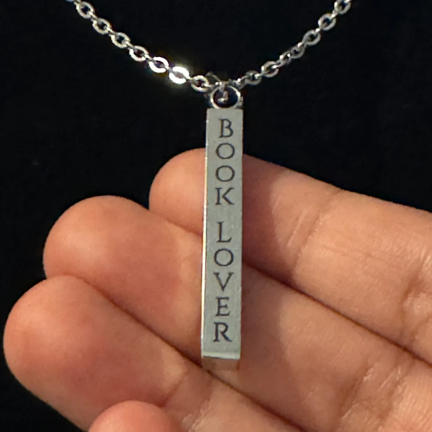 🧡 Book Lover Bar Pendant Silver Tone Necklace image indicator(6)