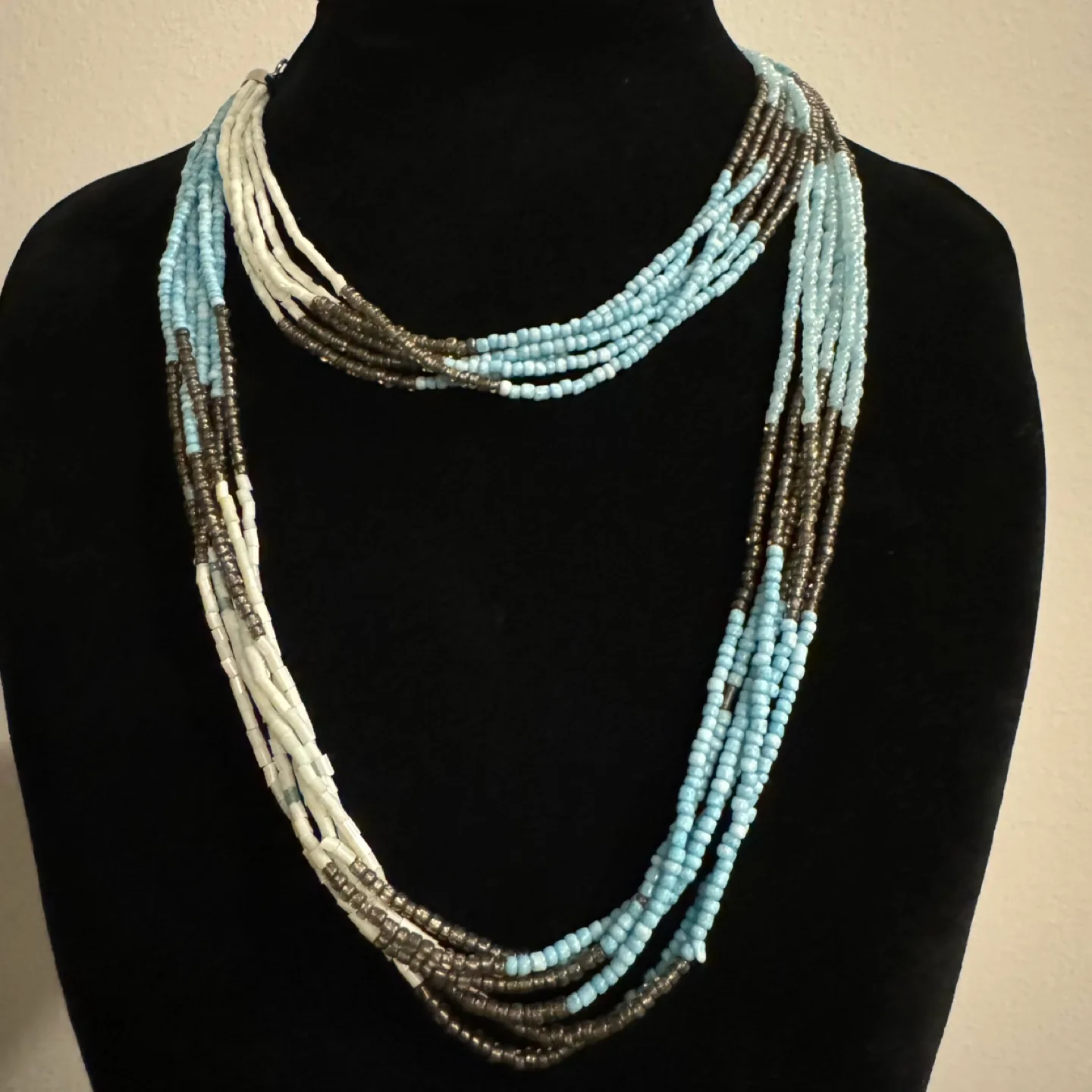 Long Multi-Strand Beaded Necklace - Light Blue, Grey, White image indicator(3)