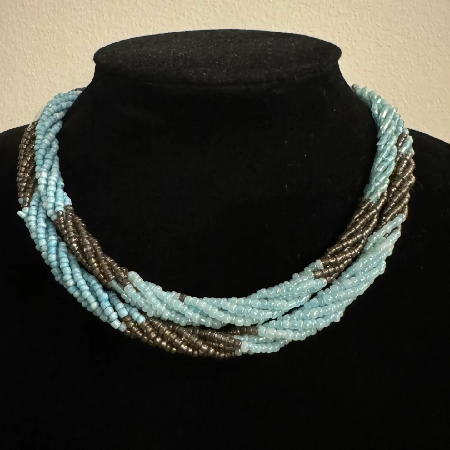 Long Multi-Strand Beaded Necklace - Light Blue, Grey, White image indicator(4)