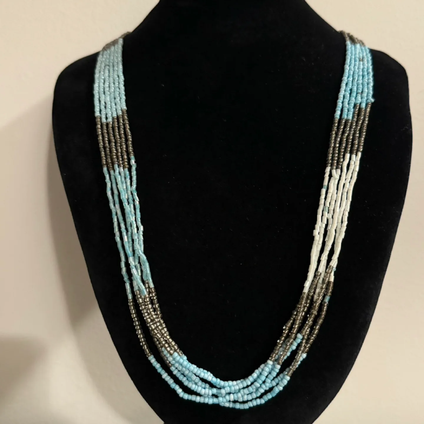 Long Multi-Strand Beaded Necklace - Light Blue, Grey, White image indicator(2)