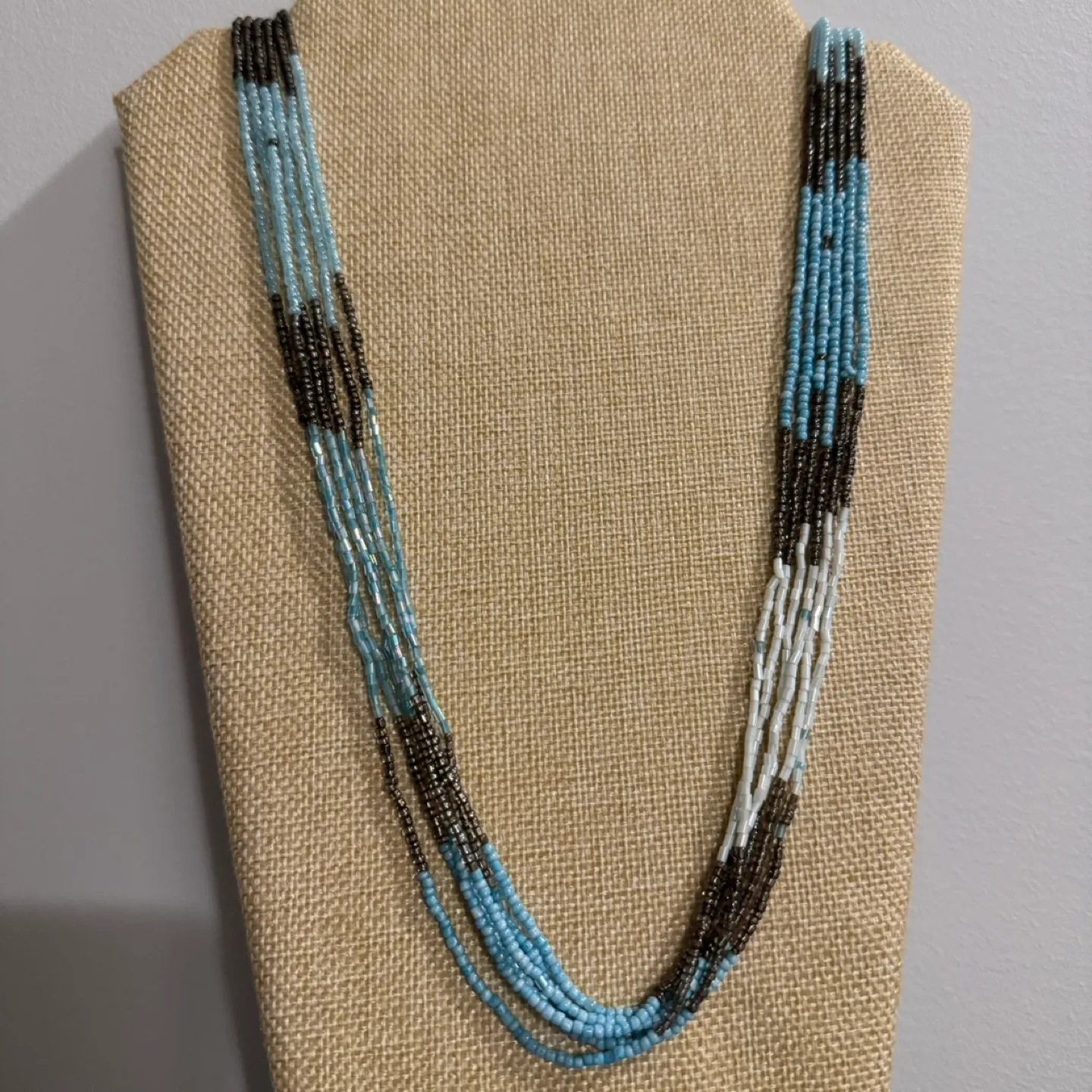 Long Multi-Strand Beaded Necklace - Light Blue, Grey, White image indicator(5)