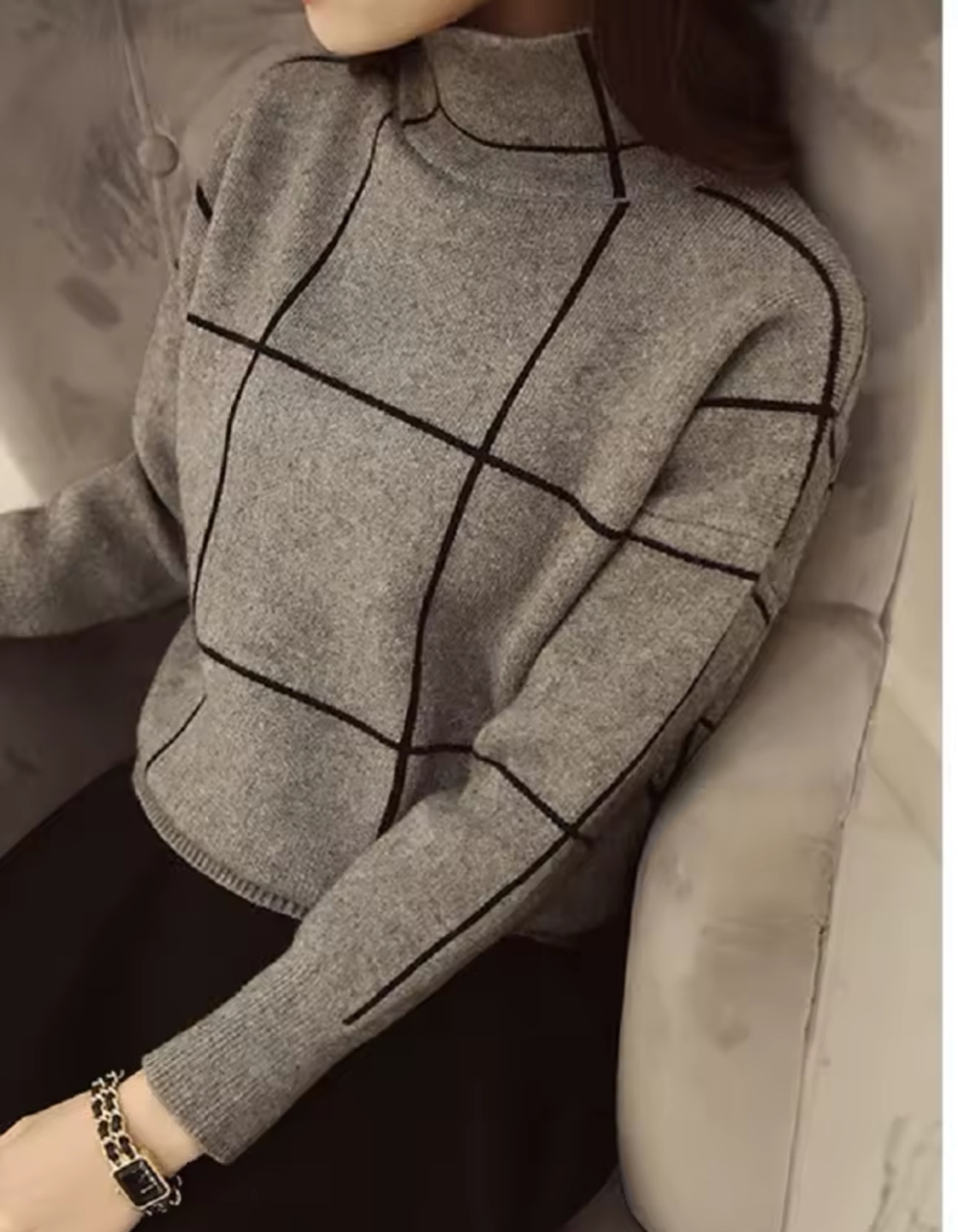 Grey Checked Mock Neck Sweater