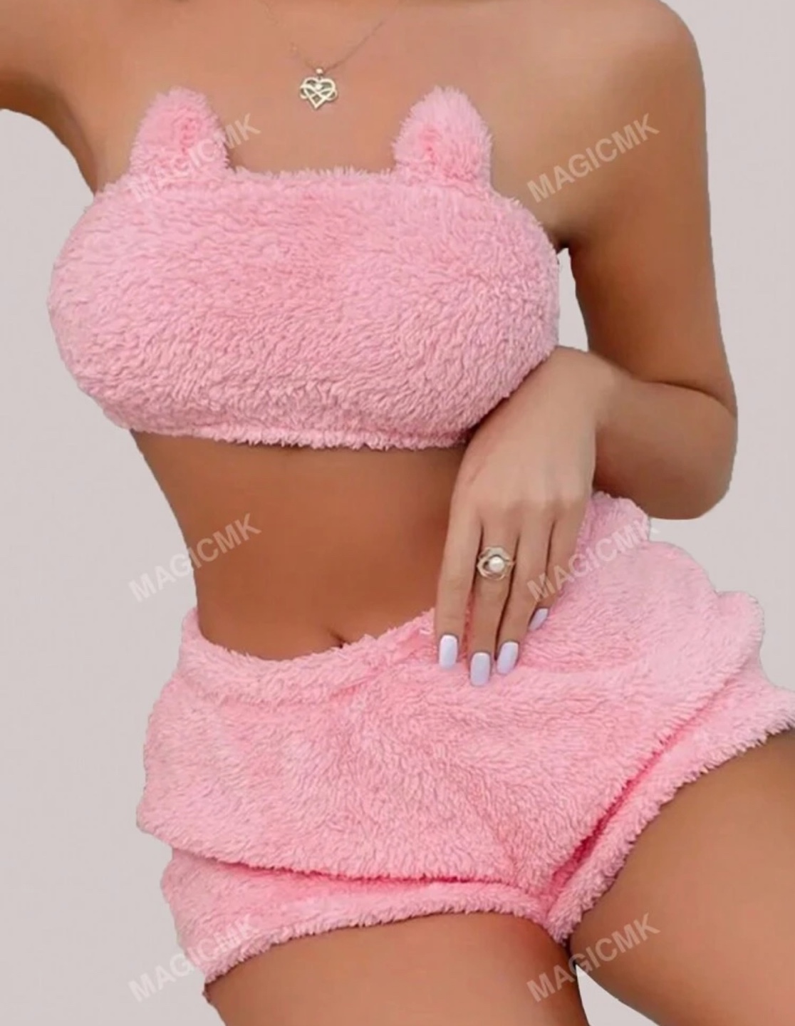 Pink Fuzzy Bear Ear Pajama Set