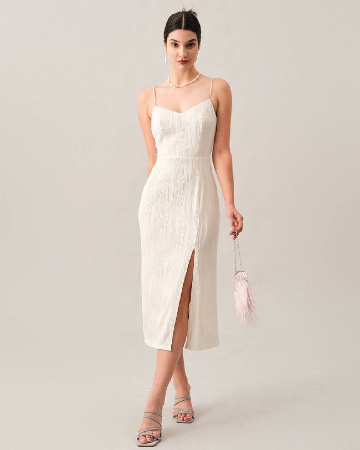 Rihoas Elegant White Midi Dress with Pearl Straps