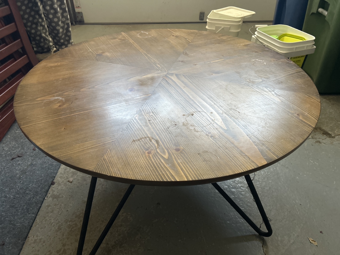Round Wooden Coffee Table with Black Metal Legs
