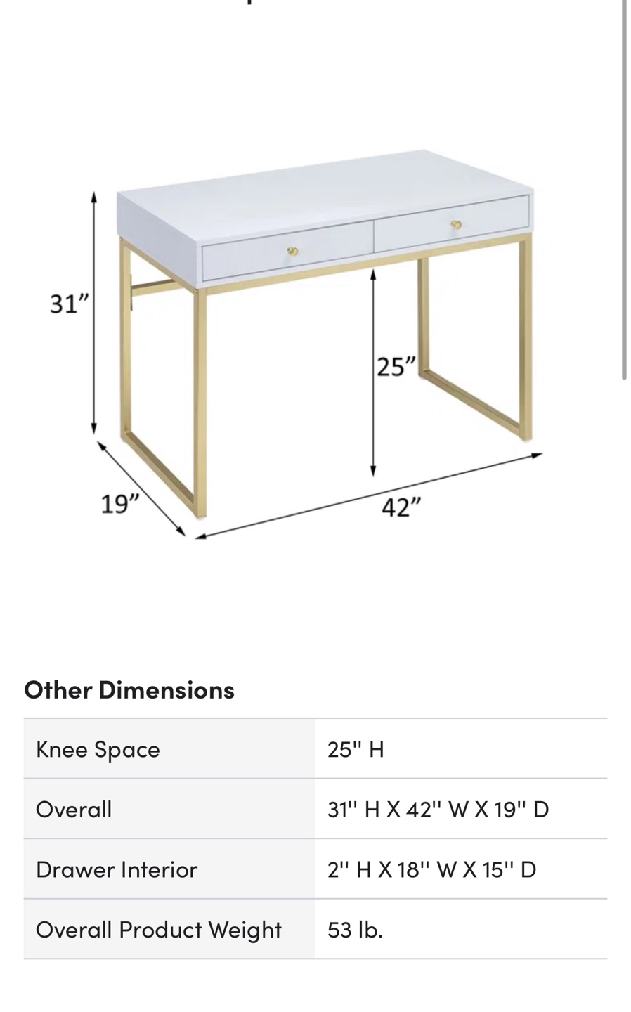 White and Gold Desk with Two Drawers