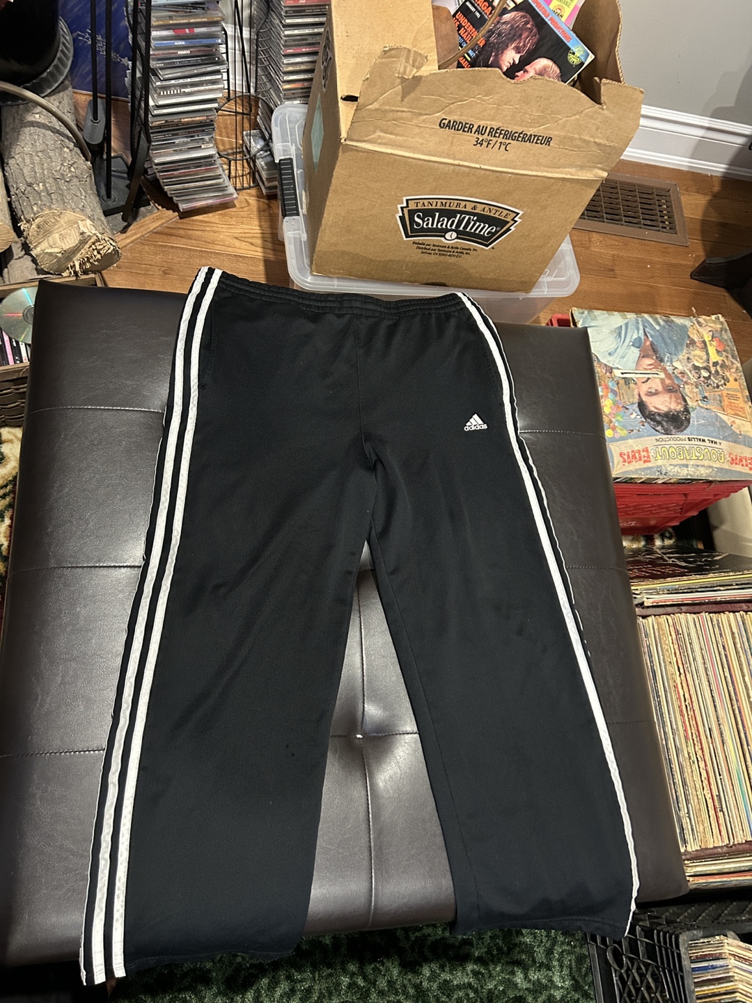 Adidas black track pants with white stripes