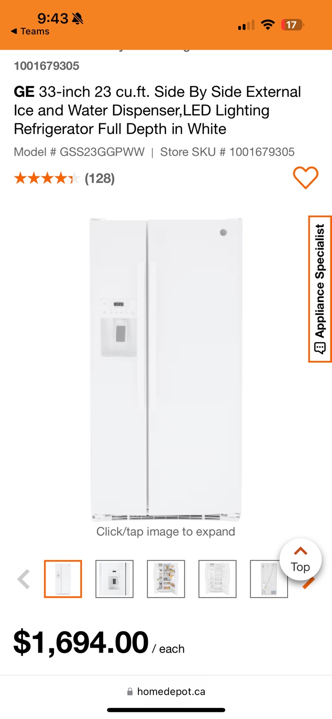 GE 33-inch Side-by-Side Refrigerator - White