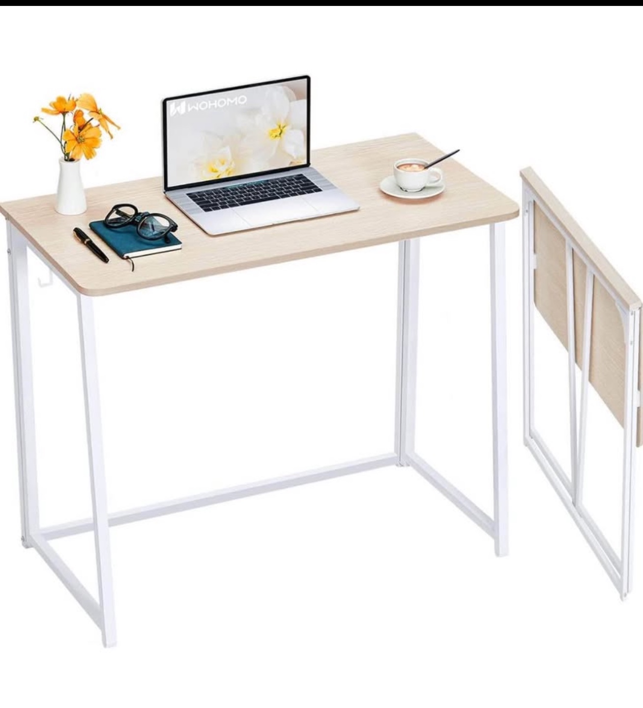 Foldable Computer Desk - White and Light Wood