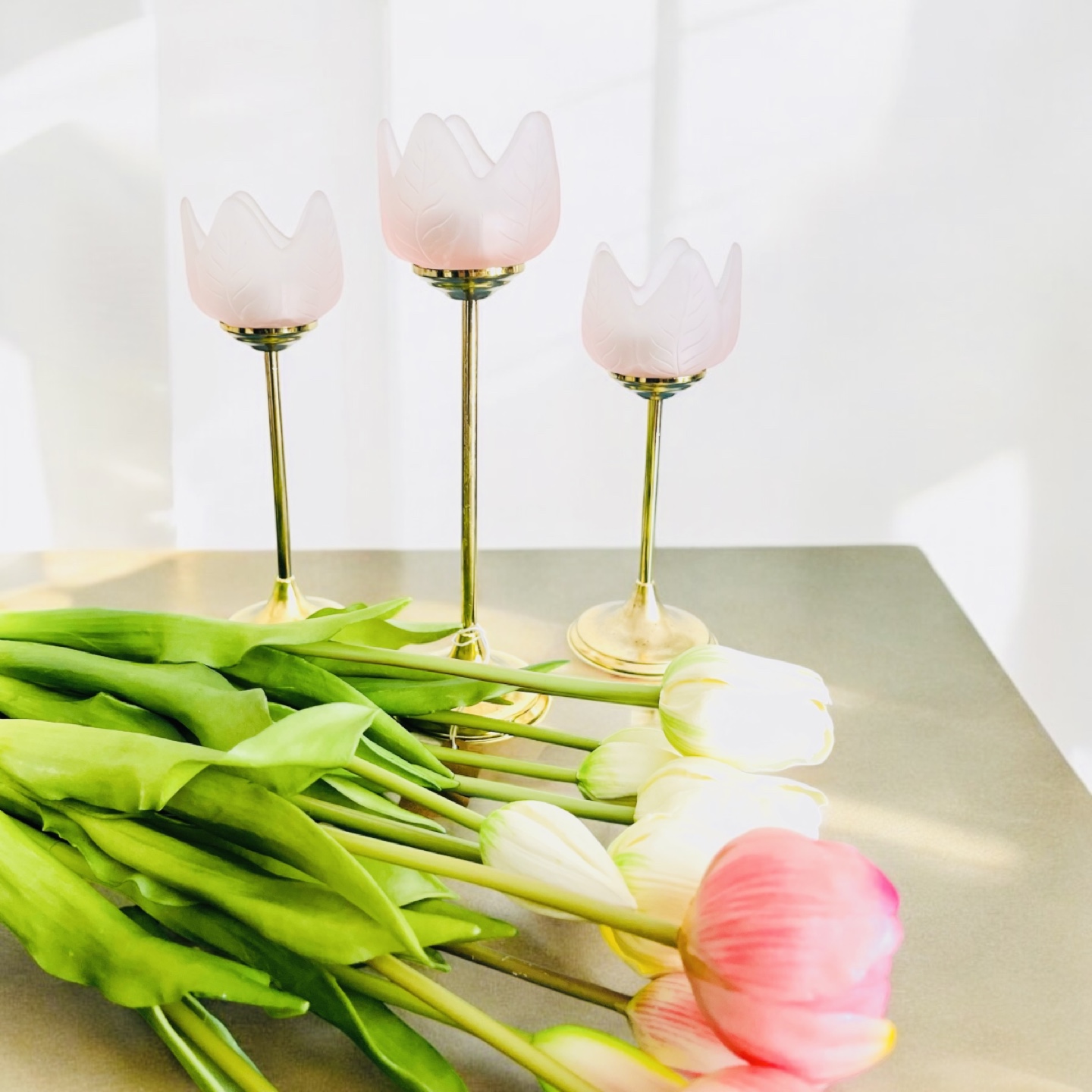 Set of Three Brass Tulip Candle Holders with Pink Glass Shades
