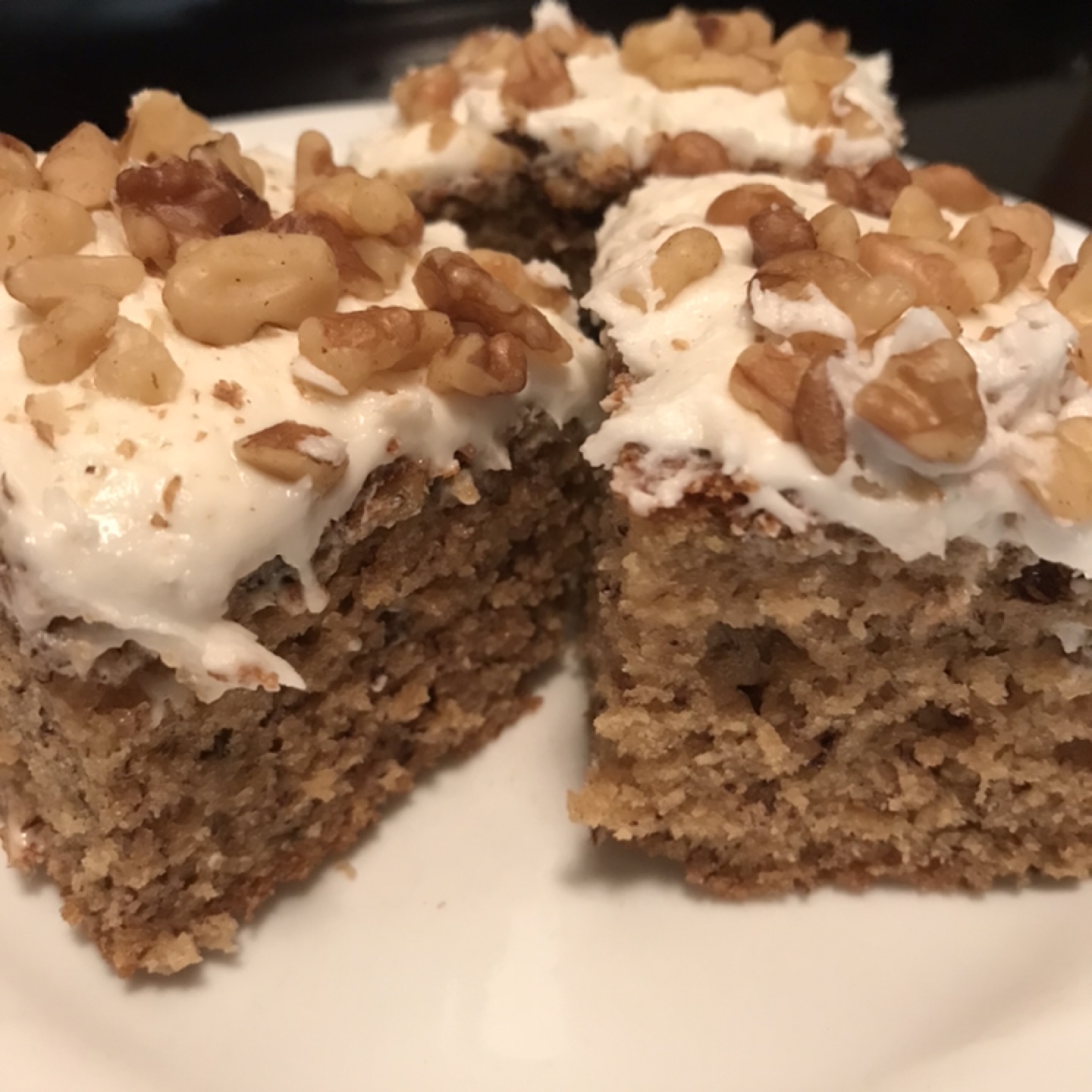 Lower Fat Banana Cake with Vanilla Frosting & Walnuts