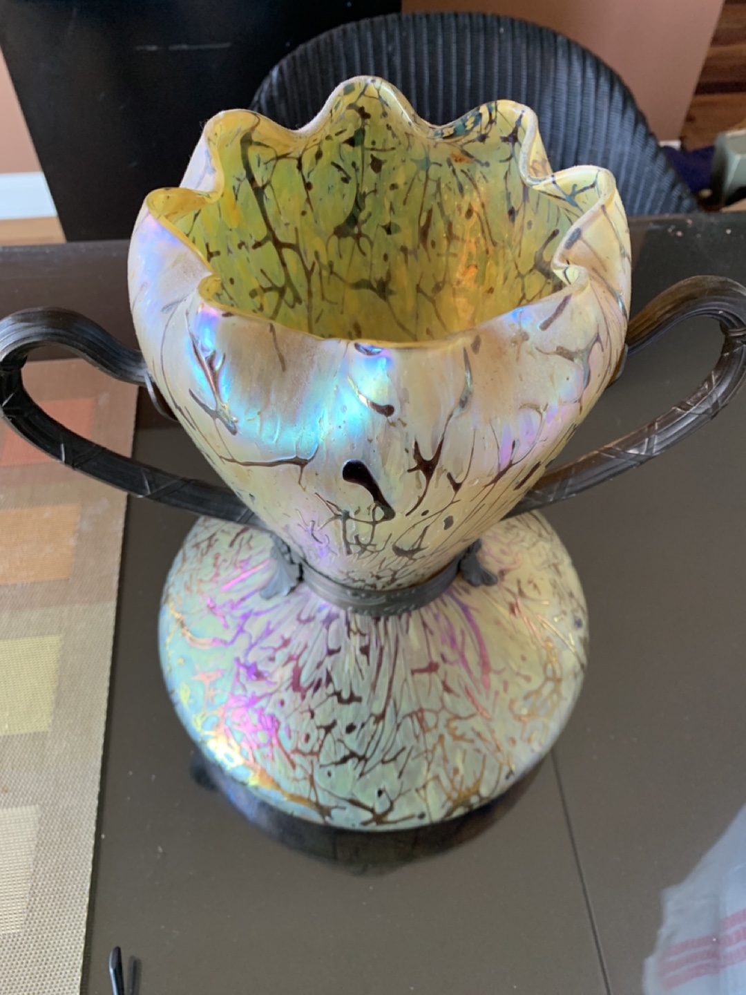 Vintage Art Glass Hand-Blown Vase with Metal Handles - photo 2