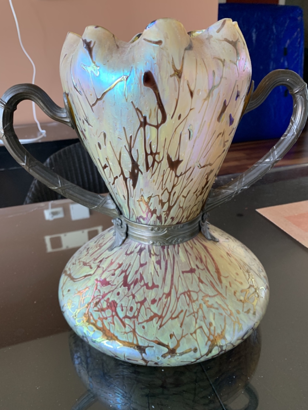Vintage Art Glass Hand-Blown Vase with Metal Handles