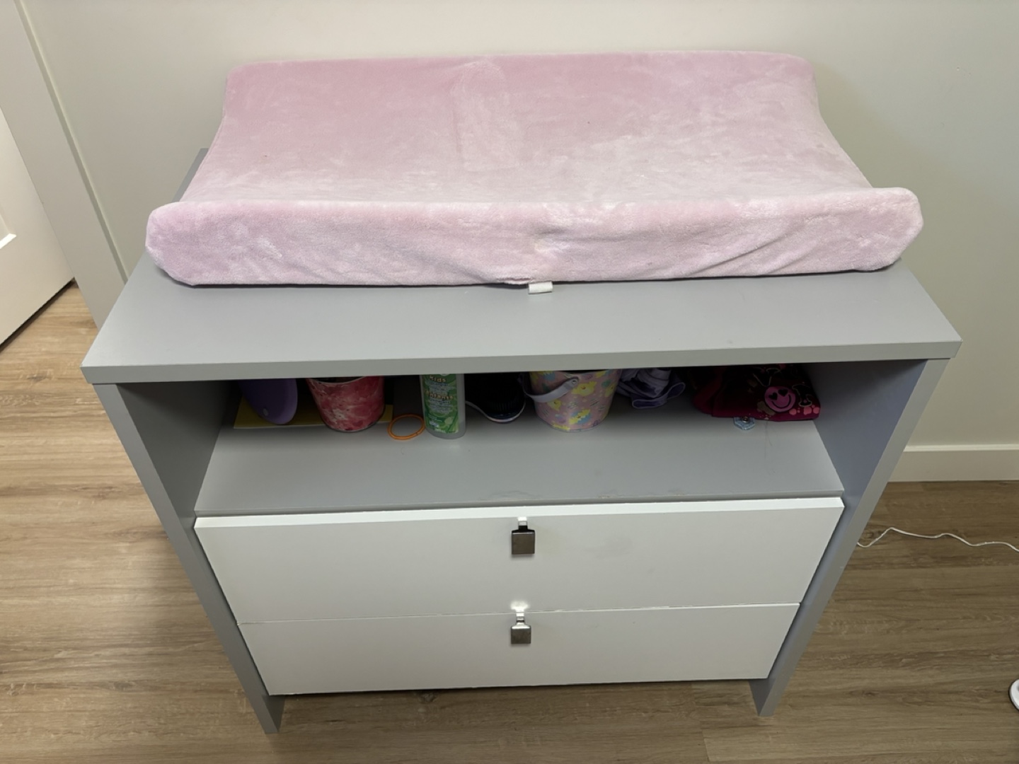 Grey and White Changing Table with Two Drawers