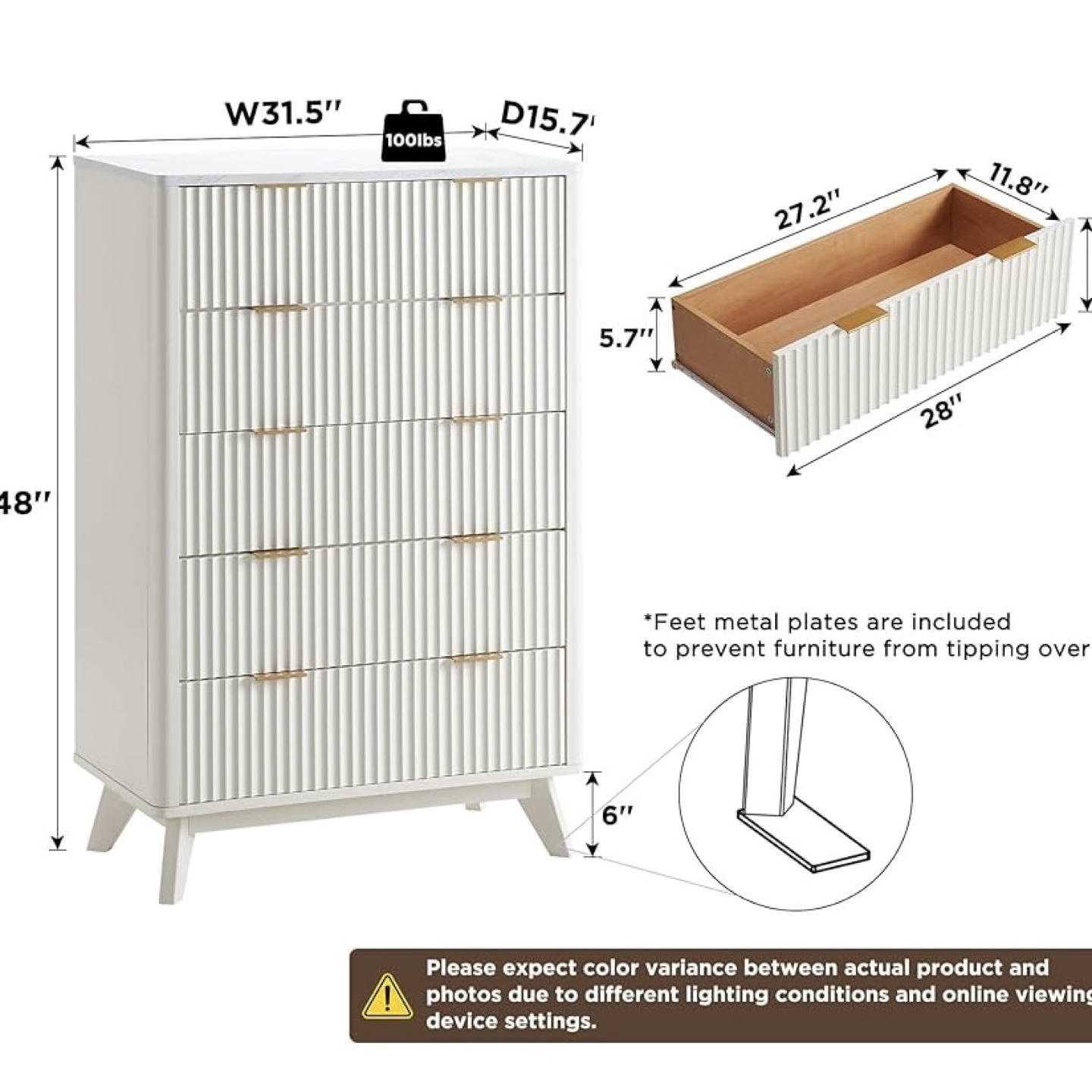 White 5-Drawer Chest with Gold Accents