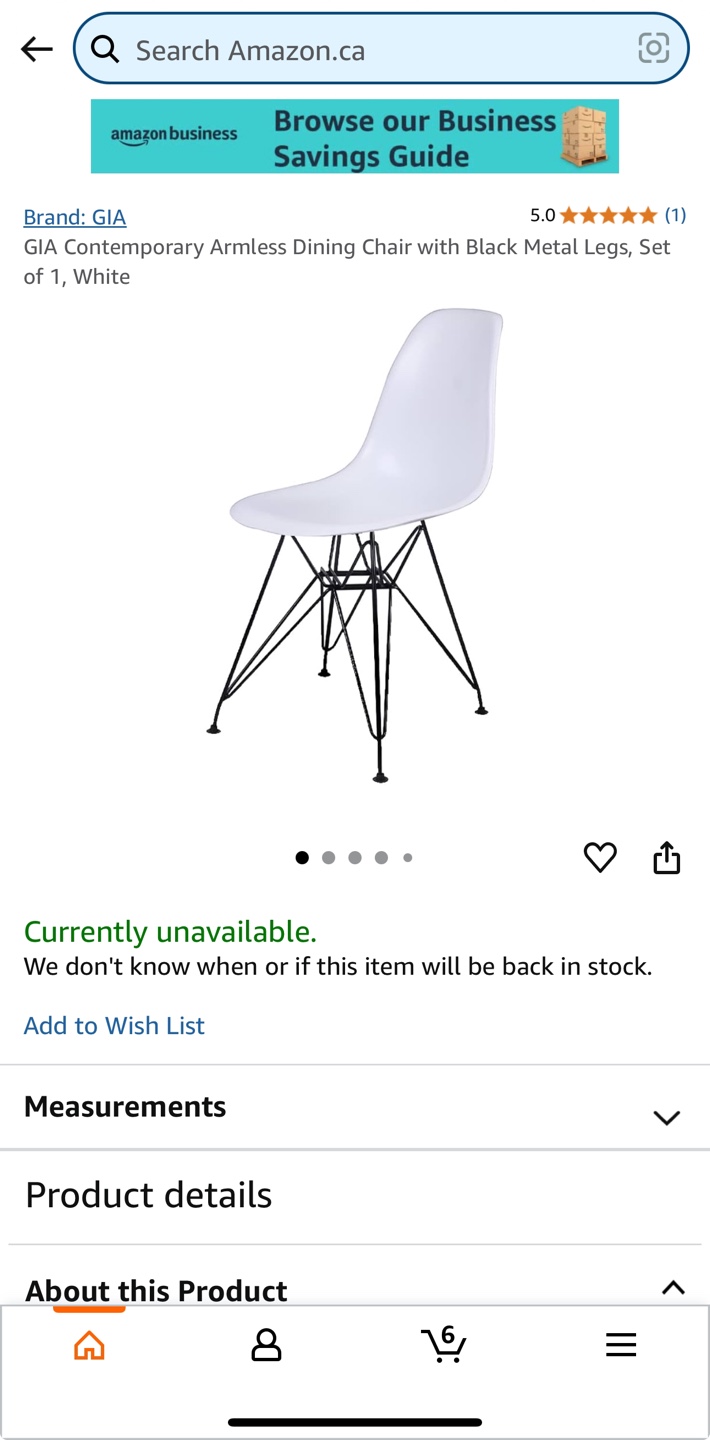 GIA Contemporary Armless Dining Chair - White