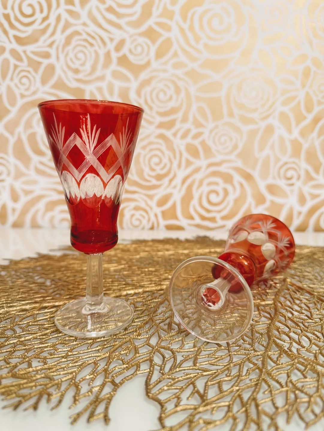 Vintage Murano Cordial Rasberry Glasses - Cut to Clear Crystal image indicator(2)