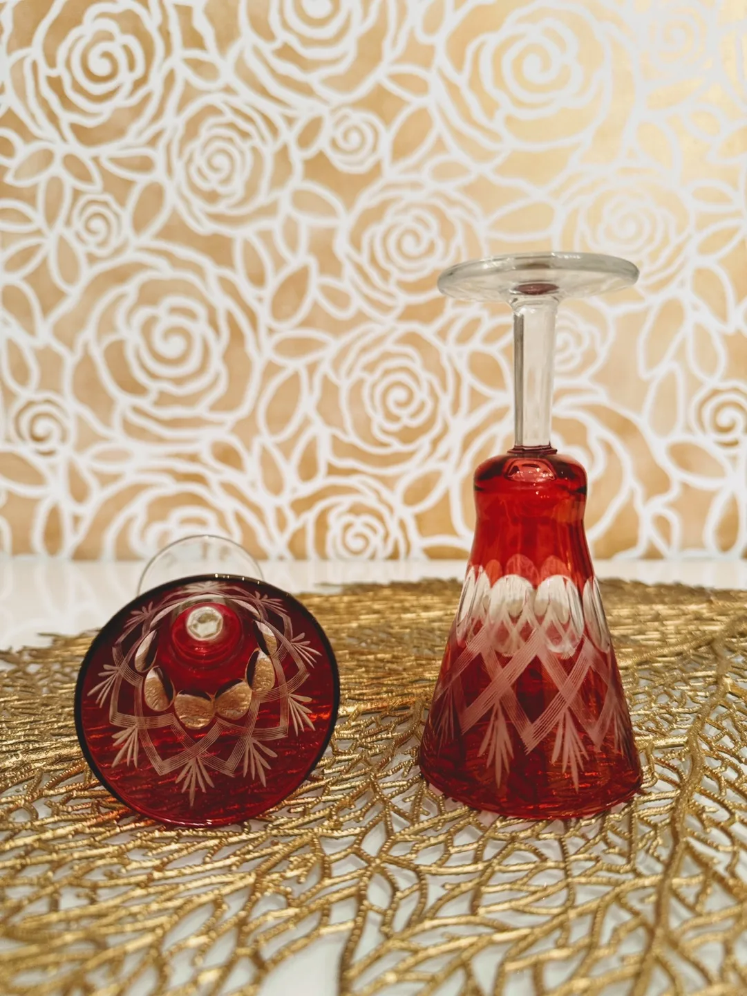 Vintage Murano Cordial Rasberry Glasses - Cut to Clear Crystal image indicator(3)