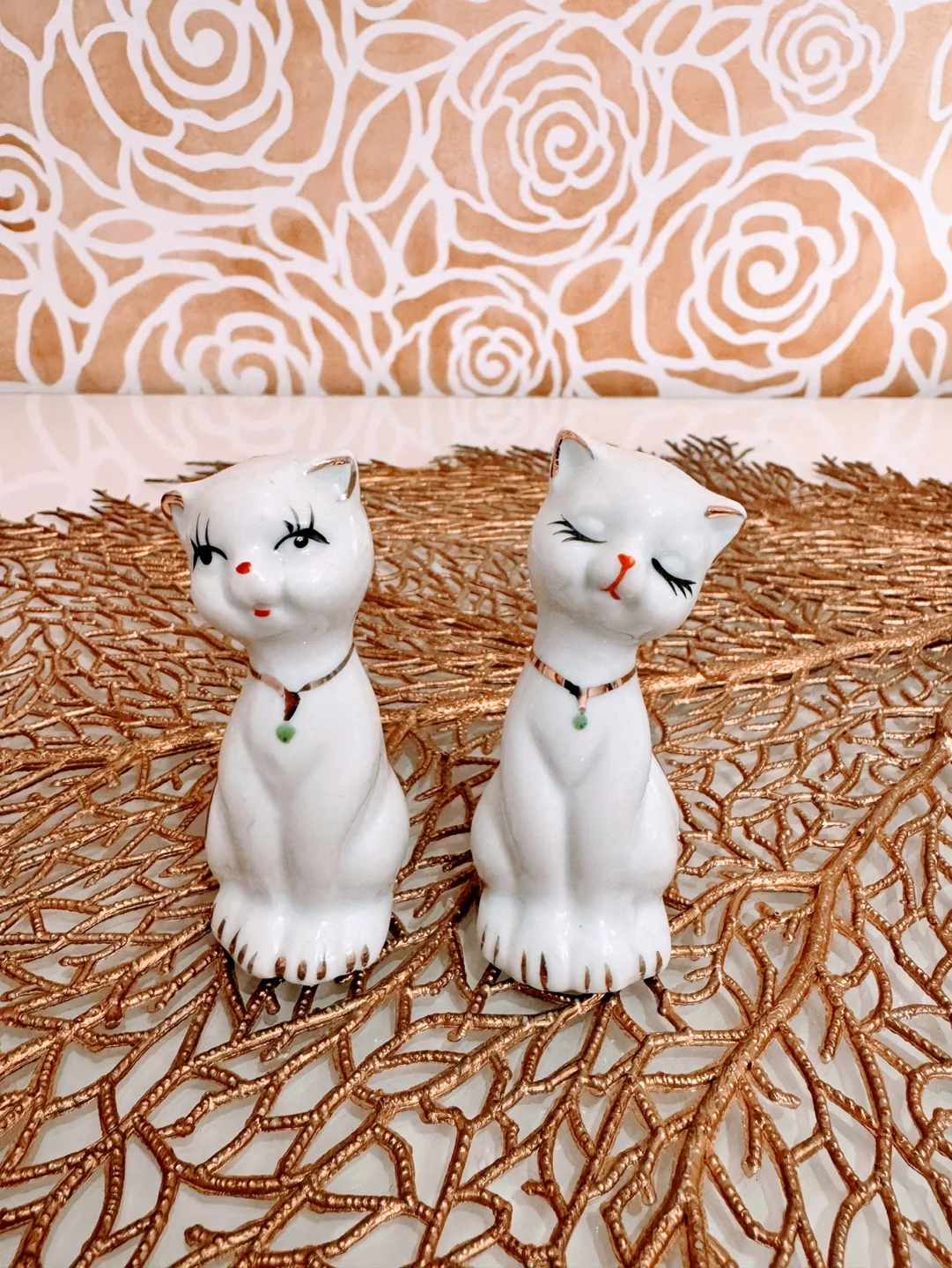 Vintage White Cat Couple Figurines with Golden Jade Collars image indicator(2)