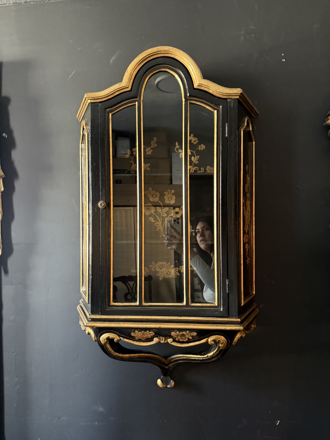 Black and Gold Wall Mounted Curio Cabinet