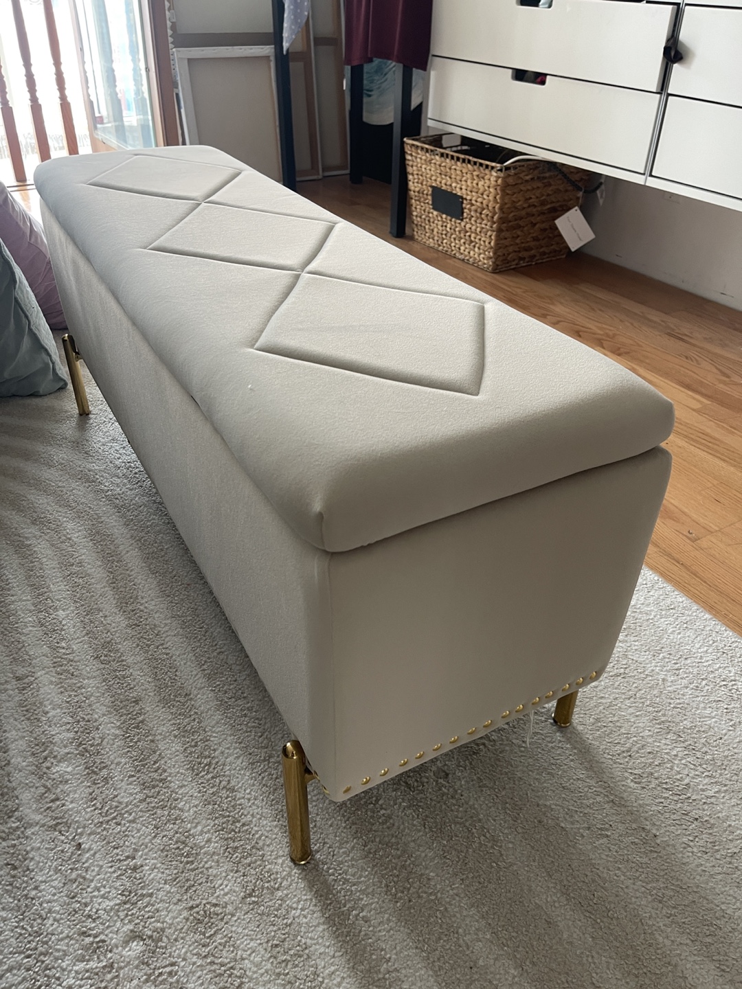 Beige Velvet Storage Bench with Gold Legs