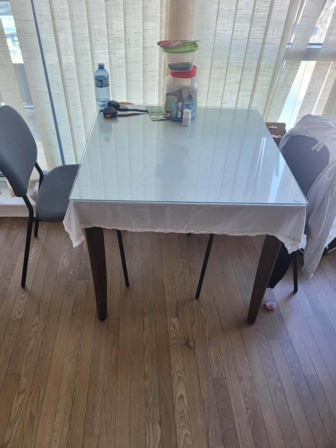 Square Glass-Top Dining Table with Two Chairs