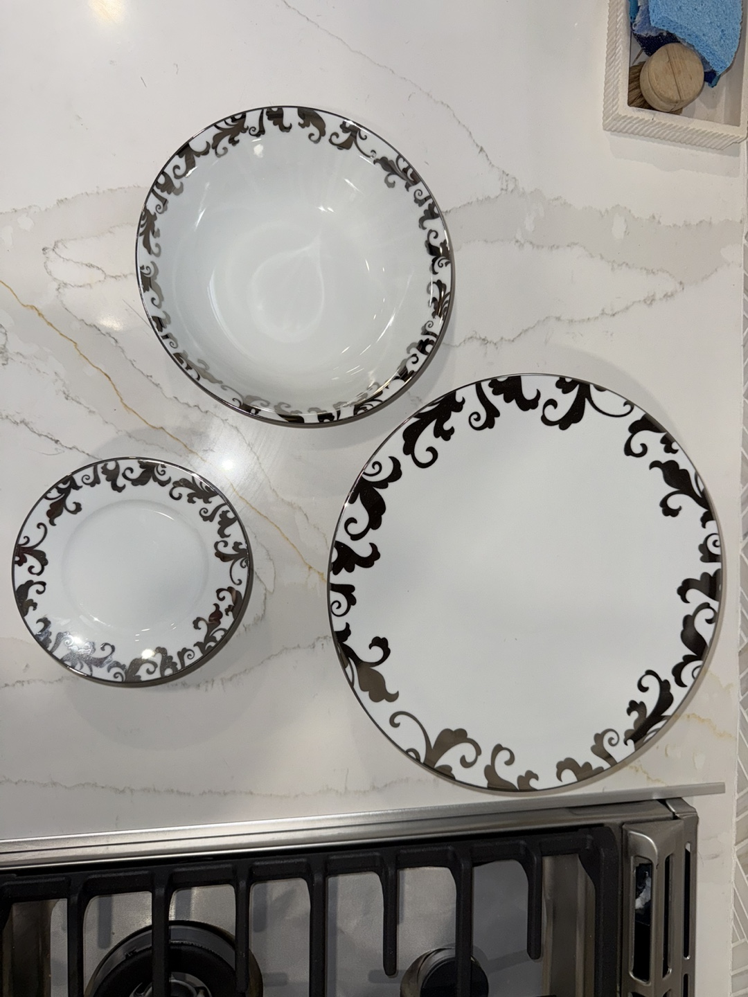Elegant Silver and White Porcelain Serving Set