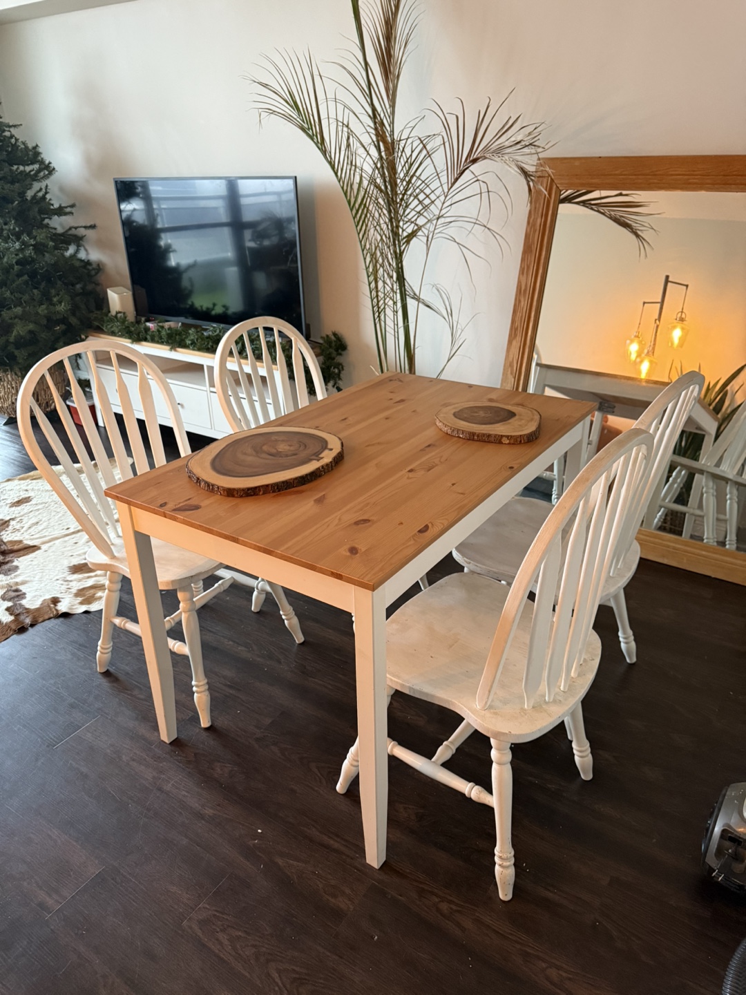 Solid pine dining table with four chairs