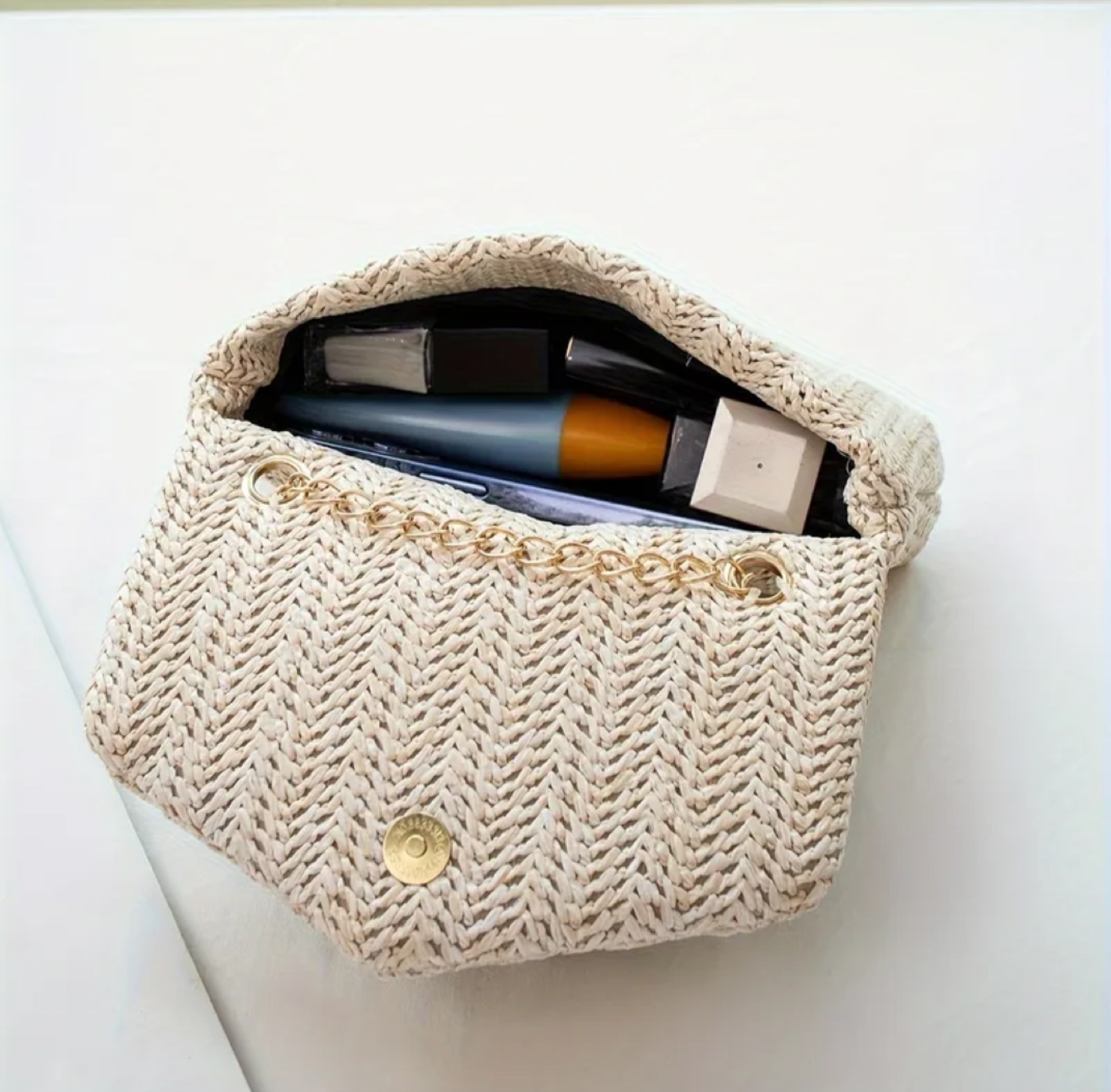 Straw Woven Crossbody Bag with Chain Strap - photo 4