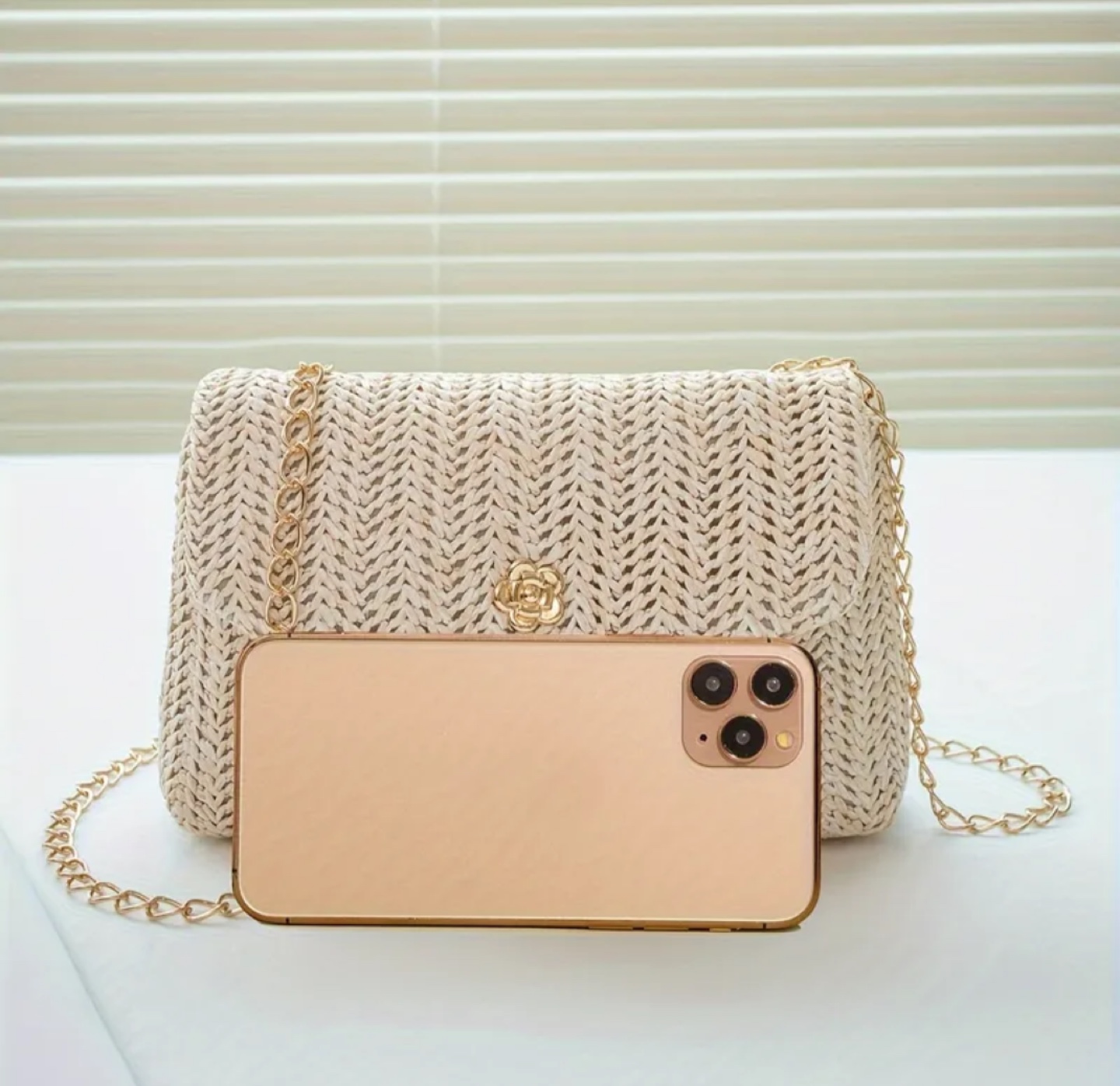 Straw Woven Crossbody Bag with Chain Strap - photo 5