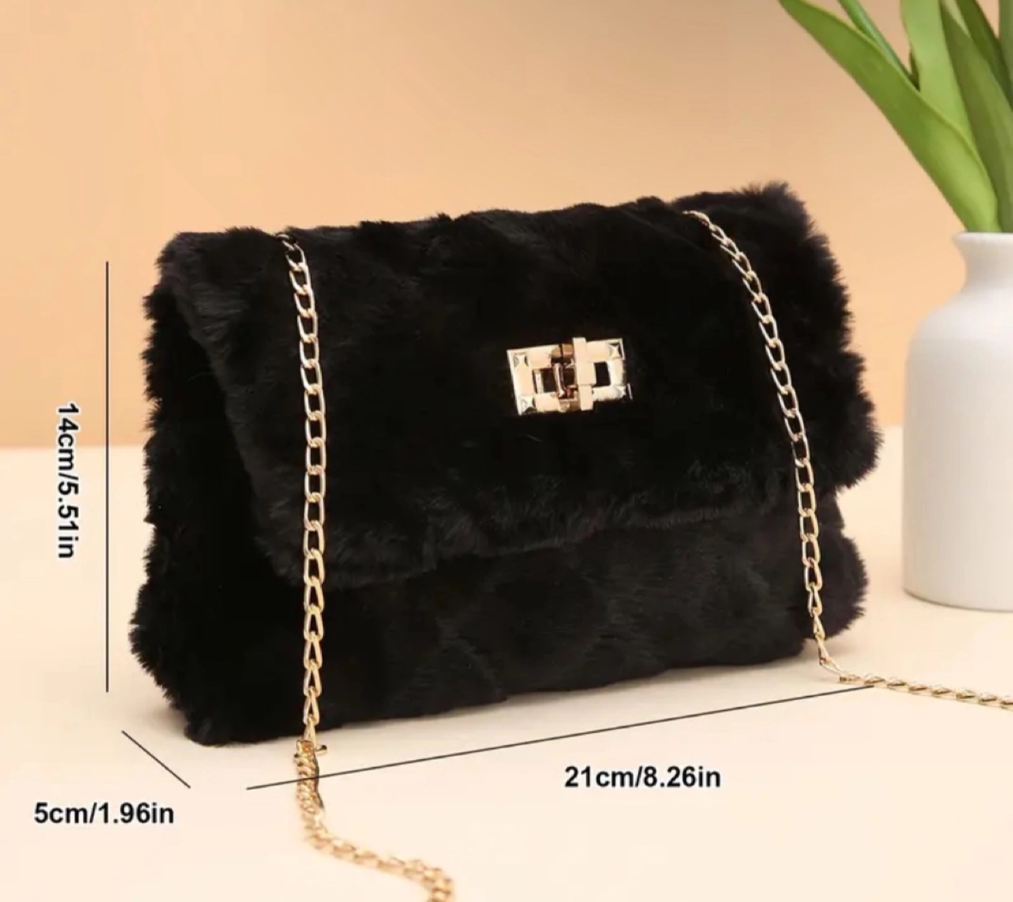 Black Fluffy Faux Fur Crossbody Bag with Gold Chain - photo 2