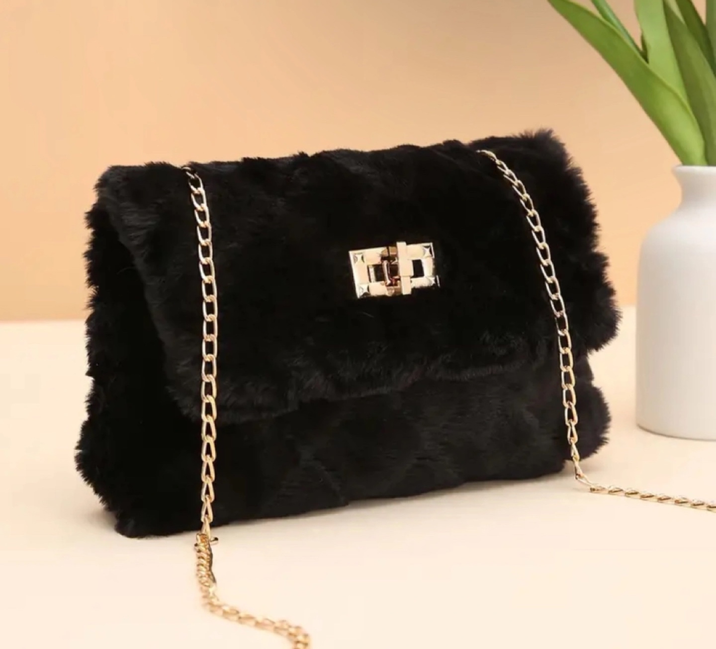 Black Fluffy Faux Fur Crossbody Bag with Gold Chain