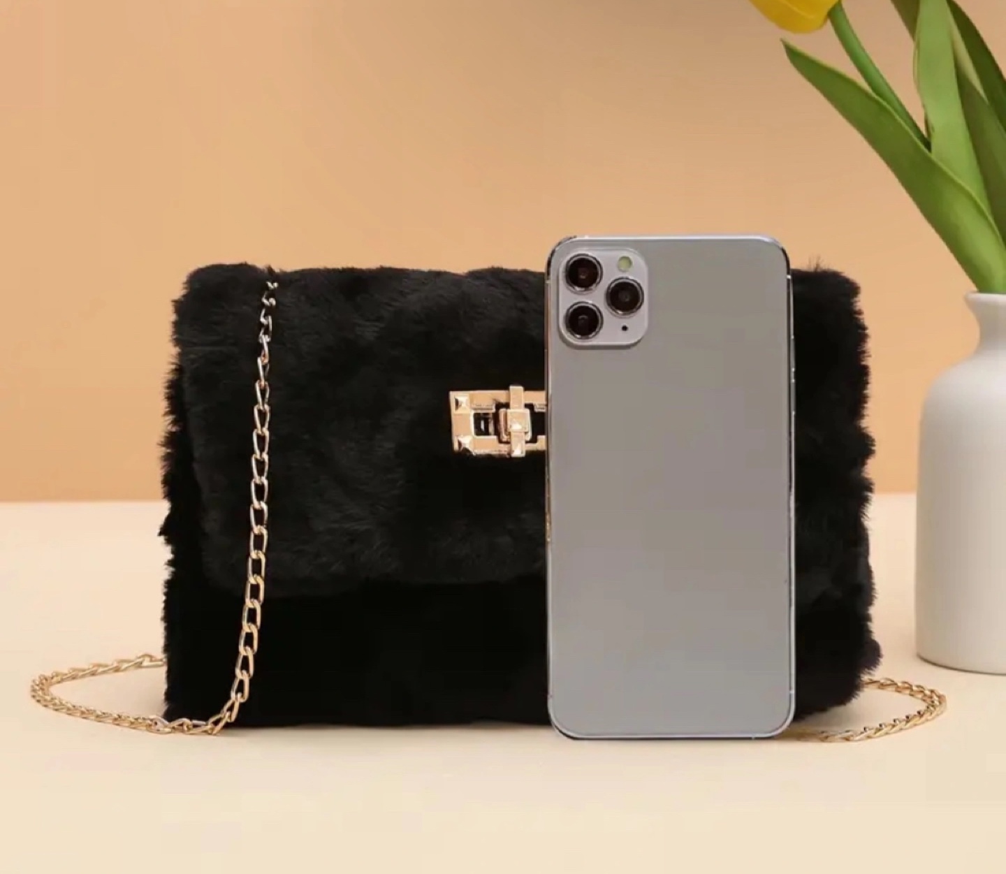Black Fluffy Faux Fur Crossbody Bag with Gold Chain - photo 4