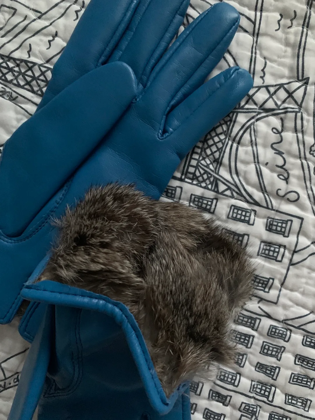 New Real Leather Women's Blue Leather Gloves with Fur Cuffs image indicator(2)