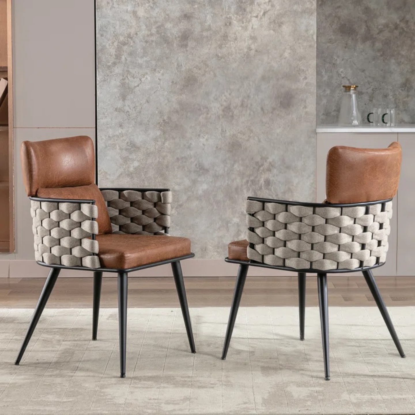 Modern Black Dining Table with Four Brown Leather Chairs - photo 2