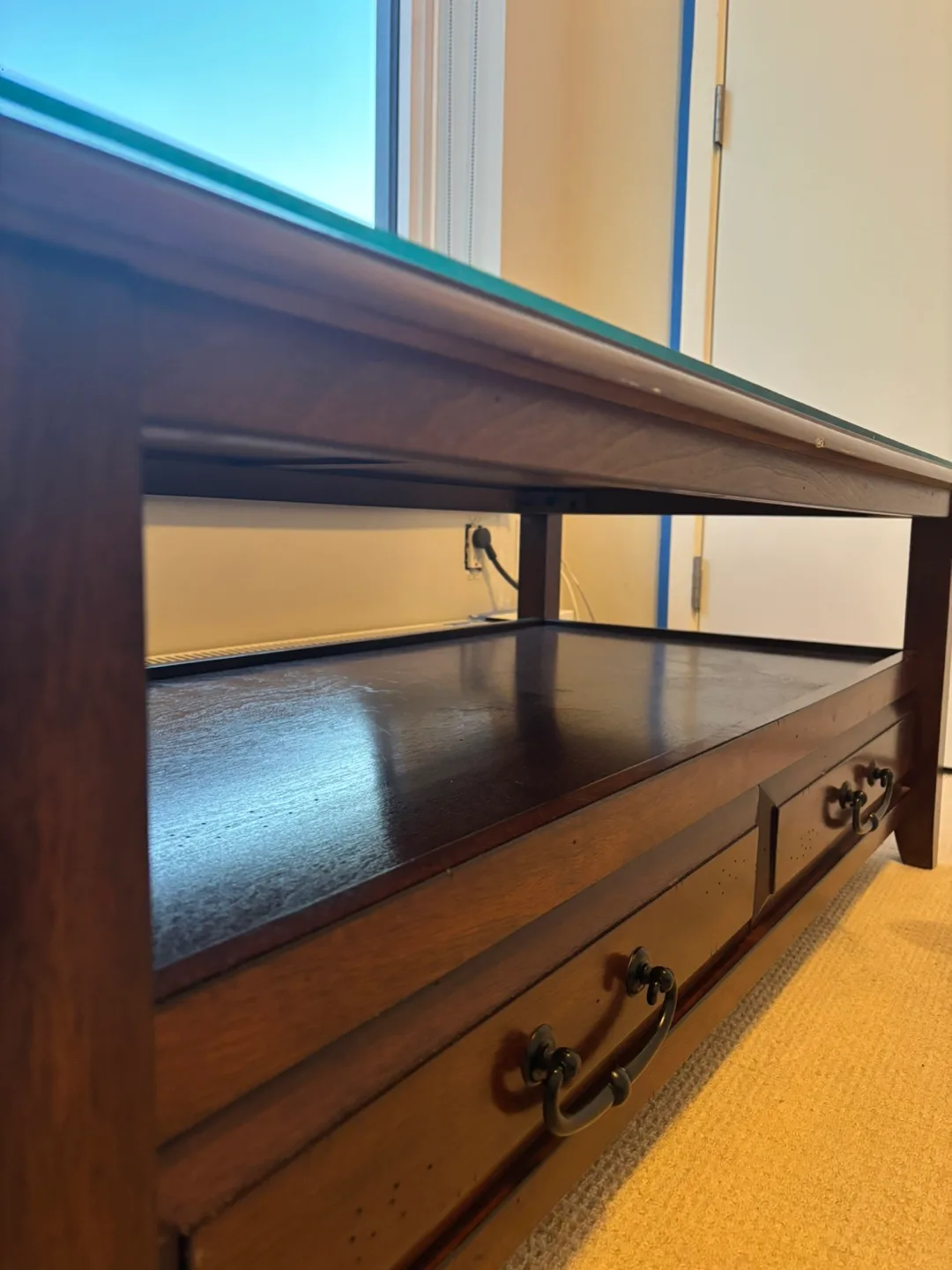 Dark Wood Coffee Table with Glass Top and Drawers image indicator(5)