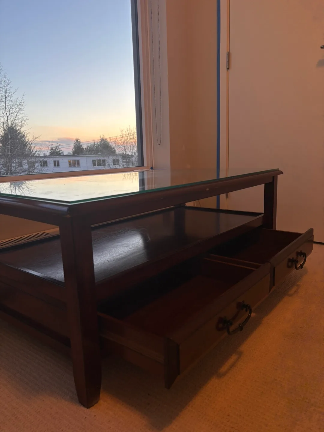 Dark Wood Coffee Table with Glass Top and Drawers image indicator(3)