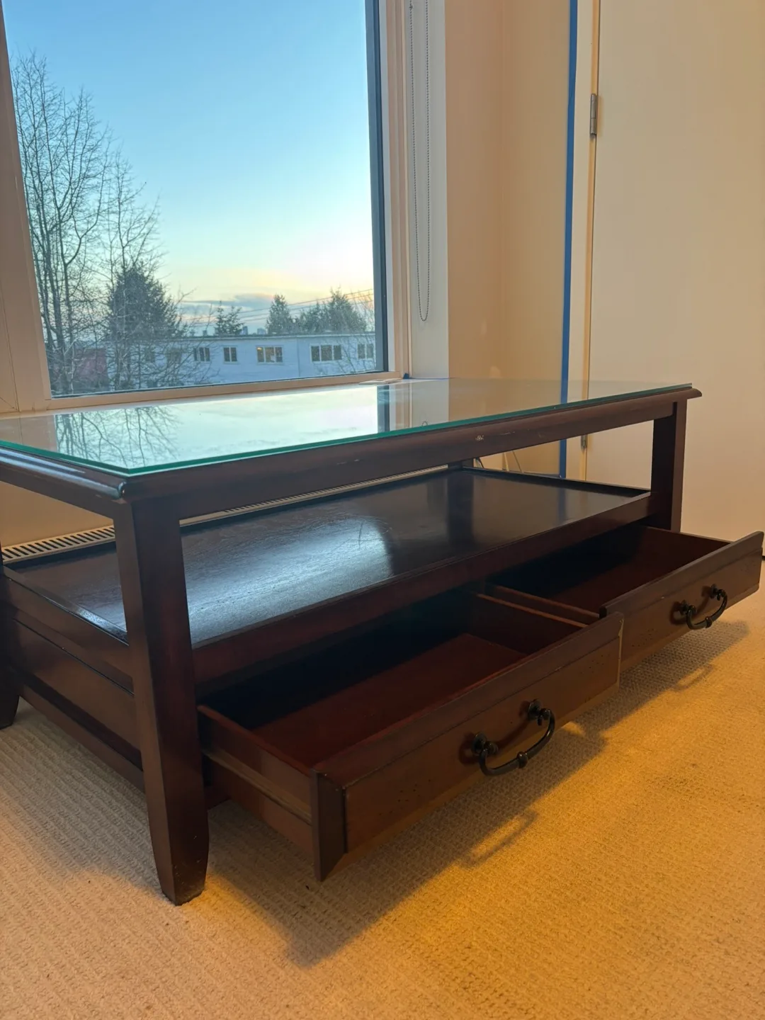 Dark Wood Coffee Table with Glass Top and Drawers image indicator(2)