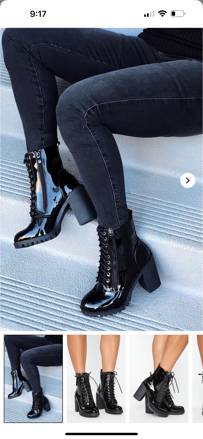 Black Patent Leather Lace-Up Chunky Heel Boots