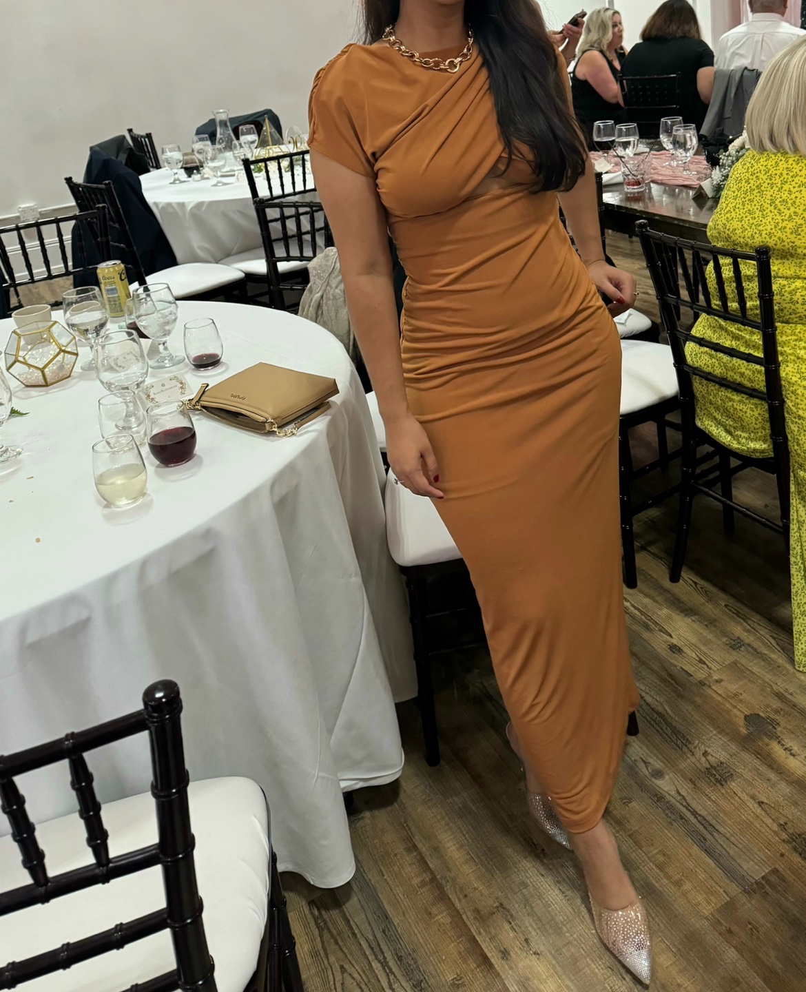 Brown/orange Draped Cut-Out Midi Dress