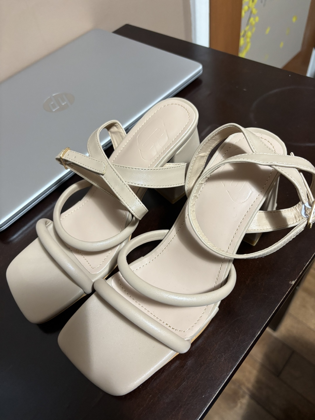 Beige Block Heel Sandals Size 38